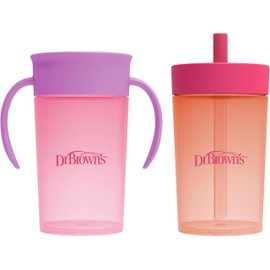 Dr. Brown's Milestones Straw to 360 Convertible Toddler Training Cup Set with Interchangeable Silicone Straw and 360 Degree Cup Lids, Pink Coral, 10 oz/300 mL, BPA-Free, 9m+, 2-Pack