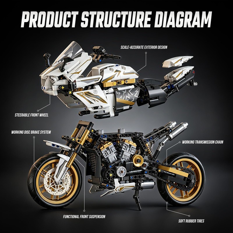 QiqoPoyee Sport Motorcycle 1:10 Scale Model Building Blocks Kits for