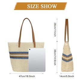 Aucuu Straw Bag, Women's Beach Bag, Straw Handbag with Leather Handles and Zip, Large Shoulder Bag for Holiday, Travel, Beach, Summer, #4 Cream-c