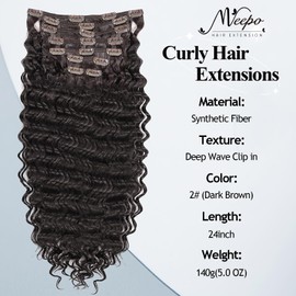 MEEPO Dark Brown Curly Clip In Hair Extension For Black Women Natural Thick Deep Wave Hair Extension Clips Synthetic Long 24 inch hair extensions clip in Hairpiece (2#(Pack of 7))