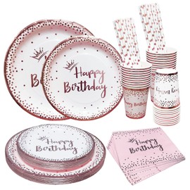 Bymivofun Pack of 100 Rose Gold Birthday Tableware, for 20 Guests, Happy Birthday Party Supplies Made of Paper for Girls Women Birthday Theme Party Shower Decoration