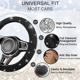 NBTEPEM Bling Car Accessories Set for Women, Black Steering Wheel Cover Seat Belt Cushion Glitter Shift Knob Cover Car Cup Holder Coaster Bling Car Hanging Accessories, Black 30 PCS