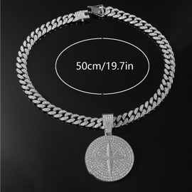 LCWLJL Round star Hip-hop Cuban Chain, Rhinestone Pendant Necklace Jewelry For Men，Men's Fashion Jewelry (Silver)