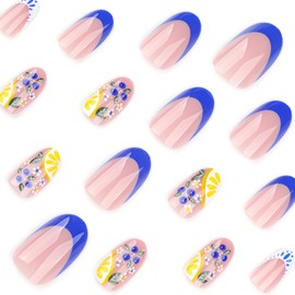 Press On Nails, Short Almond Ballet Duck Fake Nails, Cute Flower Stick on nails, Glue on Nails on 24PCs (Blue French Lemon)