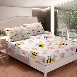 Cute Bee Bed Sheet Set Full Size Honeybee Kids Bedding Set for Boys Girls Teens Kawaii Bugs and Flowers Fitted Sheet Cartoon Wild Animal Farmhouse Bedding Sheets Bedroom Decor Bedding Collection