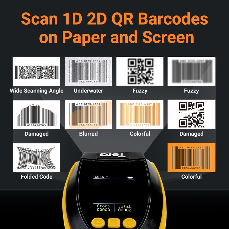 Tera 2D Wireless Barcode Scanner: with Digital Setting Screen &