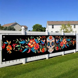 BlissYard Dia de Muertos Banner Colorful Sugar Skull with Floral Design 118x20 Inches Day of the Dead Decorations Fiesta Party Photo Backdrop Indoor Outdoor Mexican Themed Celebration