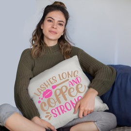 Lashes Long & Coffee Strong w/Pink Lipstick Mark Design - Beauty Themed Merch for Makeup Artist or Cosmetologist, Gift for Makeup Lovers, Pillow Cover, White 18X18 in