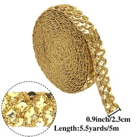 ZNZAKKA Gold Sequin Ribbon Trim Braid Trim Inelastic Glitter Ribbon for Crafts Sewing, Embellishments (5.5 Yards, 0.9 Inch)