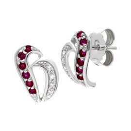 Ivy Gems White Gold 10K Earring with Real Ruby with Diamond Accent Contemporary Harp Design for Women July Birthstone