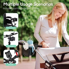 Universal Pram Cup Holder with Phone Holder Organizer for Stroller, Drink and Coffee Cup Holder Baby Bottle Organizer for Buggy, Bike, Wheelchair, Walker, Scooter
