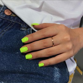 KXAMELIE Neon Green Press on Nails Short Square, 48pcs Thick Reusable Fake Nails for Women, Short Coffin Artificial Nails New Solid Color Square Nails