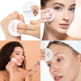 4個のメイクアップパウダーパフ、洗える2.36インチコットンメイクアップパウダーパフパッド、リボン付き、ルースパウダーファンデーションセッティングパウダーパフと液体化粧品用の白いラウンドビューティーメイクアップツール