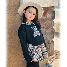 HINTINA 4T Toddler Little Girl Fall Outfits Collared Bear Long Sleeve Pullover Sweatshirt Sweatsuit Plaid Leggings Pants Preppy Aesthetic Clothes Winter Clothing Set 4-5T Years