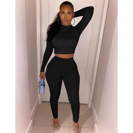 Kaximil Women's Workout Tracksuit 2 Piece Outfits Long Sleeve Crop Top High Waist Legging Pants Set, Large, Black