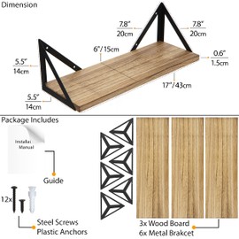 Wallniture Minori Floating Shelves Set of 3, Small Bookshelf Unit for Living Room, Office, and Bedroom, Natural Burned Rustic Wood Wall Decor with Metal Floating Shelf Bracket 6D x 17W x 5.5H in