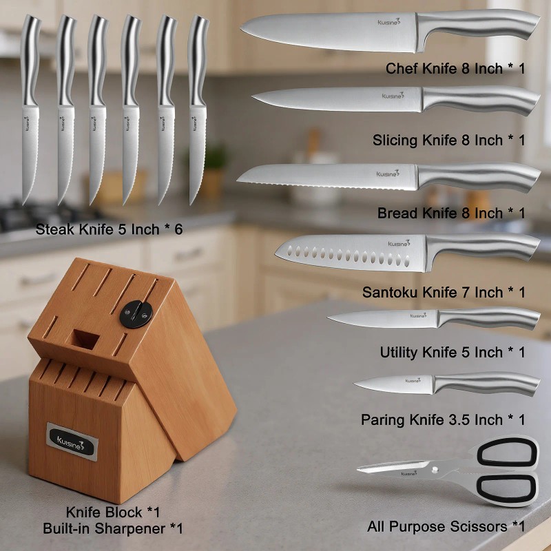 Kuisine Premium 15-Piece Acacia Wood Block Chef Knife Set Stainless