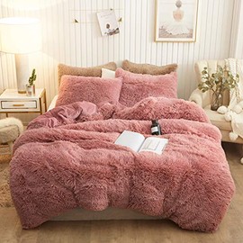 XeGe Plush Shaggy Duvet Cover Set Luxury Ultra Soft Crystal Velvet Bedding Sets 3 Piecesï¼1 Faux Fur Duvet Cover + 2 Faux Fur Pillowcasesï¼,Zipper Closure(Queen,Old Pink)
