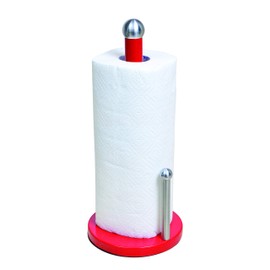 Kitchen Details Countertop Single Tear Paper Towel Holder, Free Standing, Weighted Bottom, Holds Large Rolls, Dispenser Bar Prevents Unraveling, Red
