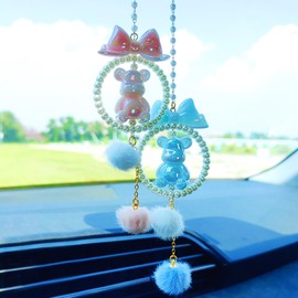 Cute Bear Rear View Mirror Accessories, Pom Pom Car Accessories for Women, Car Mirror Hanging Accessories Car Hanging Ornament Car Decor