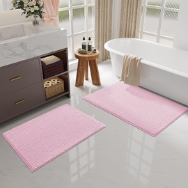smiry Non Slip Chenille Bath Mat, Extra Soft Bathroom Mat, Super Absorbent Fluffy Bath Mats for Bathroom, Machine-Washable Quick Dry Bath Rug Foot Mat, 40 x 60 cm, Pink