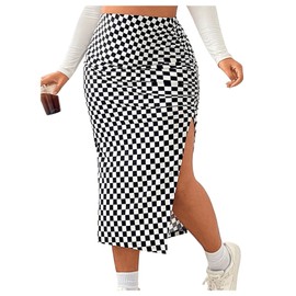 WDIRARA Women's Plus Size Checkered Ruched Midi Skirt High Waist Split Thigh Pencil Skirts Black and White 3X-Large Plus