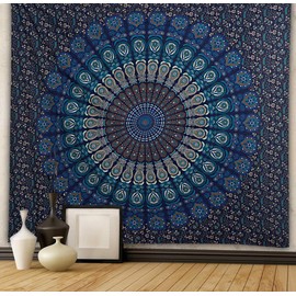 Furnishful Finesse Mandala Peacock Tapestry Boho Wall Hanging Tapestries Indian Wall Cloth Tapestry for Living Room Bedroom and Home Decor- Navy Blue, 54X84 Inches