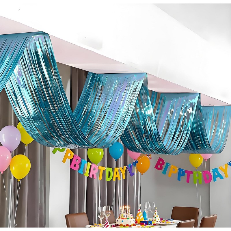 QFSH 2Pcs Metallic Foil Ceiling Fringe Curtains (Blue)