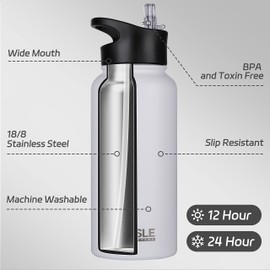 HASLE OUTFITTERS 32 oz Insulated Water Bottle Stainless Steel Double Walled Vacuum Sports Water Bottle with 2 Lids (Straw and Spout Lid) for Gym Camping Hiking(White,1)