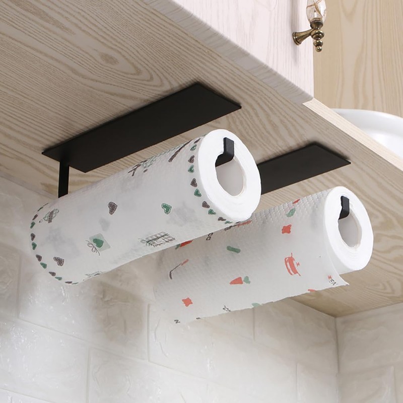 Black Paper Towel Holder, Self-Adhesive Kitchen Roll Dispenser Under Cabinet,
