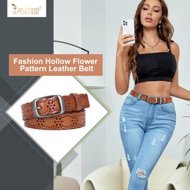 Womens Leather Belt Casual Leather Ladies Belt for Jeans Pants Dress Hollow Flower Women Leather Belt with Solid Pin Buckle