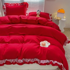 MOOWOO Christmas Chic Ruffle Lace Polyester Duvet Cover Set -Girl Pink Bedding-2 Piece Twin Duvet Cover with Zipper Closure -Ultra Soft and Light Weight