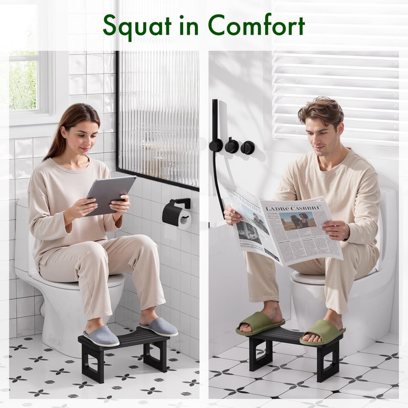Bathway Squatting Potty Stool, Foldable Black Poop Stool, Bamboo Toilet