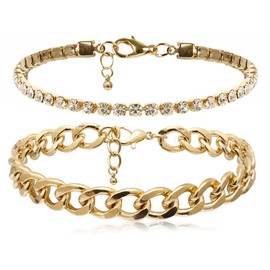 kelistom Cuban Link Rhinestone Tennis Anklet Set for Women Teen Girls, 18K Gold or White Gold Plated Chain Ankle Bracelets for Women with Extension