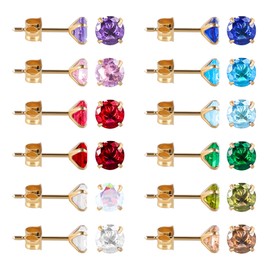 12 Pairs 18K Gold Plated Surgical Stainless Steel Stud Earring Cubic Zirconia Birthstone Stud Earrings Set for Women (Gold round 5mm)