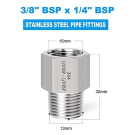 ERGAOBOY 2Pcs 3/8" BSP Female x 1/4" BSP Male Stainless Steel Reducer Hex Connector SUS 304 Pipe Fittings