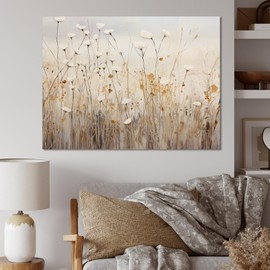 DesignQ beige Canvas wall art, Wildflowers Wall Art, Fantasia Of Beige Wildflowers, Wildflowers Wall art decor, 44x34 inches