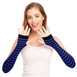 Bienvenu Punk Gothic Rock Long Arm Warmer Fingerless Gloves, Black Blue