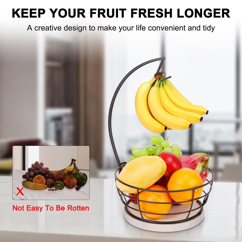 Livabber Countertop Fruit Basket Bowl with Banana Hanger, Modern Standing