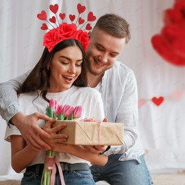 Ncozwo 1 Pcs Rose Glitter Heart Antenna Crown Headband Valnetine's Day Rose Hair Hoop Glitter Red Heart Toppers Head Piece Hair Accessories for Valnetine Wedding Anniversary Party Favors