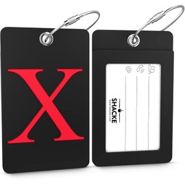 Shacke Etiqueta de equipaje inicial – Etiqueta totalmente plegable con lazo de acero inoxidable – Negro (letra X)