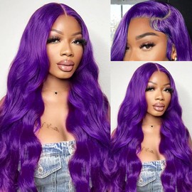 XIAPAY 34 Inch Purple Wig Human Hair 13x4 Purple Body Wave Lace Front Wigs Human Hair 200% Density HD Transparent Lace Front Colored Wigs Human Hair Pre Plucked
