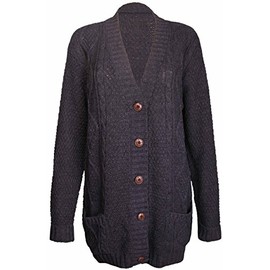 Purple Hanger New Womens Everyday Long Sleeve Button Top Ladies Chunky Aran Cable Knit Grandad Cardigan (18-20, Black)