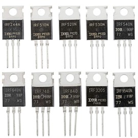 Toolly 10 Values 50 Pcs IRFZ44N IRF510N IRF520N IRF530N IRF540N IRF640N IRF740 IRF840 IRF3205 IRF9540 IRF Series transistors MOSFET Assortment Kit
