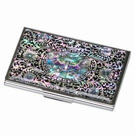 Mother of Pearl Black Business Card Holder Purse Pocket RFID Blocking Protection Credit Id Name Card Holder Case Metal Stainless Steel Slim Money Wallet Butterfly Arabesque Design