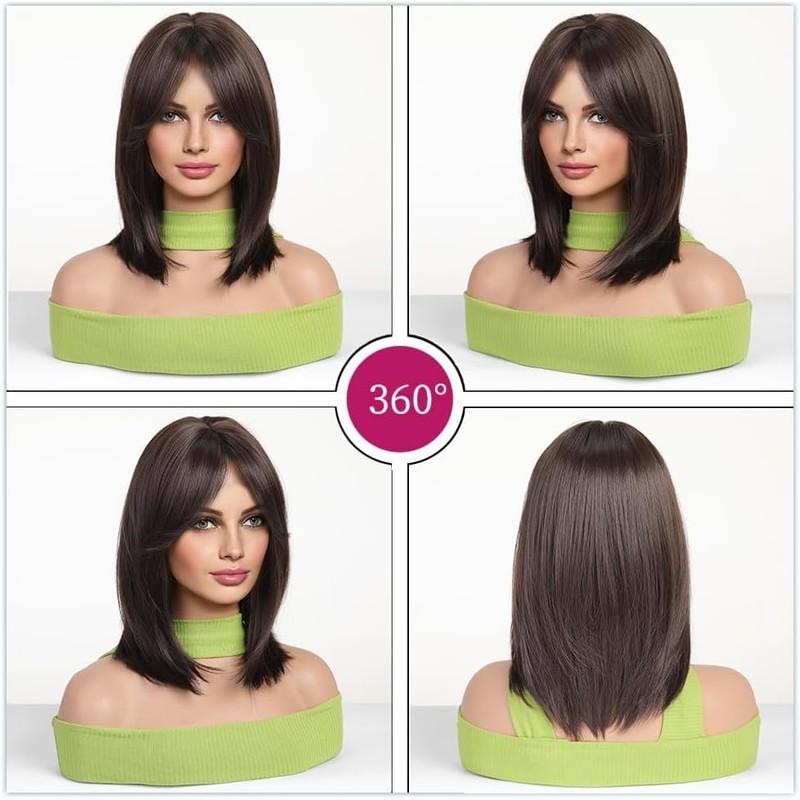 Esmee Short Straight Dark Brown Bob Wigs with Curtain Fringe