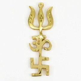 Gold Plated Om Swastik Trishul Car Hanging Brass Tri Shakti Yantra Car Décor