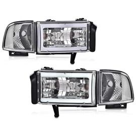 PIT66 Headlight w/LED Light Strip w/o Bulbs Compatible with Dodge Ram 1500 1994-2001/2500 3500 1994-2002 (Not Fit Sport & Ram Van Model) Headlamps Clear Lens Chrome Housing Clear Refelector