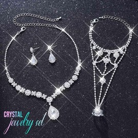 Fashband Rhinestone Wedding Bridal Jewelry Set Silver Sparkly Earrings Bracelet Prom Necklace Jewelry Accessories for Women