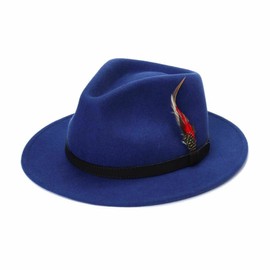 ZAFS Mens Trilby Hats Womens Fedora Hat Adjustable Band Feather Felt Wool Hats For Men and Women - Navy - M